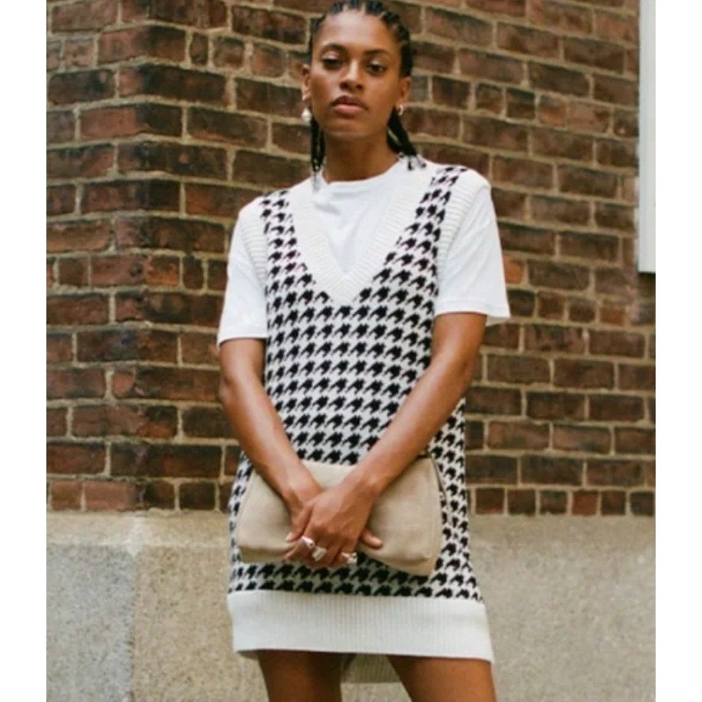 Abercrombie & Fitch Houndstooth Sweater Vest Dress Women's L Black White V-Neck